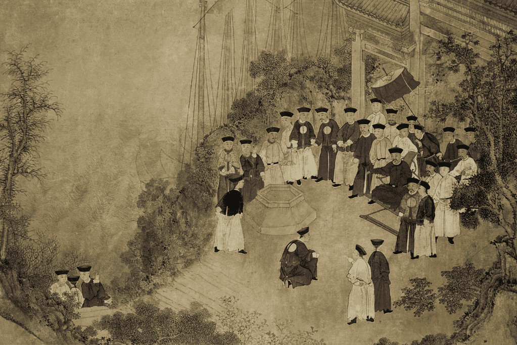 Image of a painting depicting Admiral Shi Lang, a prominent figure of the Ming Dynasty, surrounded by his associates, capturing a moment of leadership and camaraderie from China's illustrious past.