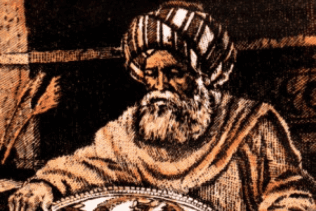 Image of Al-Battani, one of the famous astronomers, engrossed in studying a detailed map of the stars.