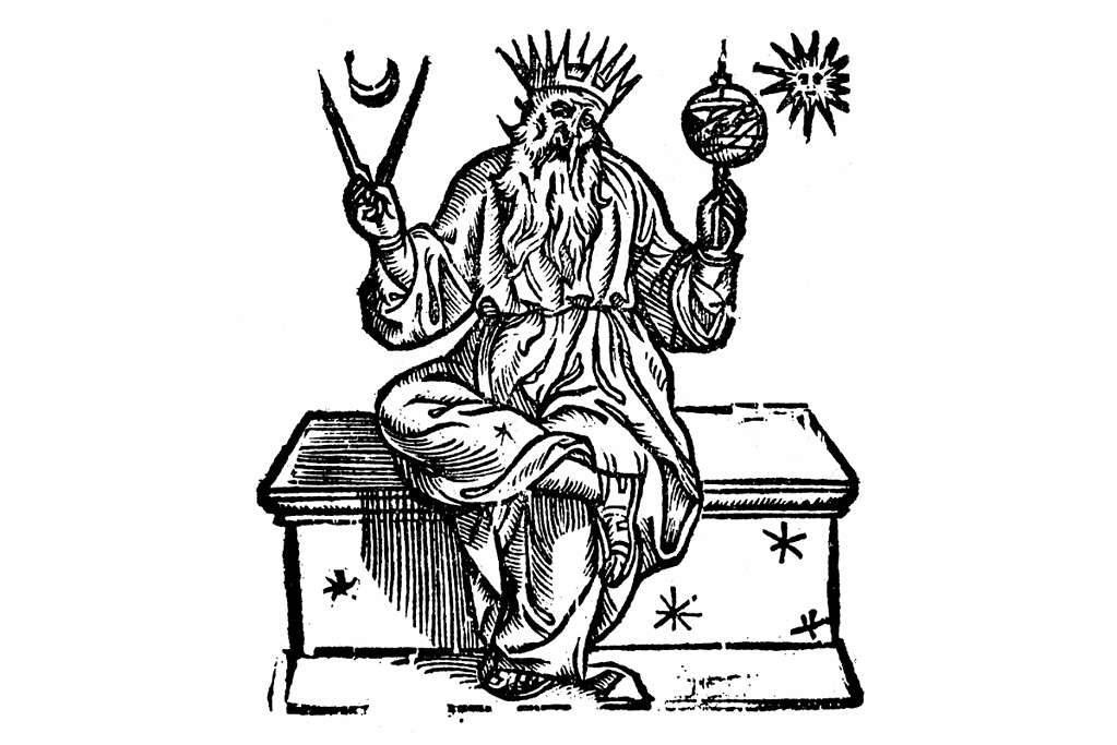 Image of Ptolemy, one of the most famous astronomers, seated on a bench holding ancient astronomical instruments.
