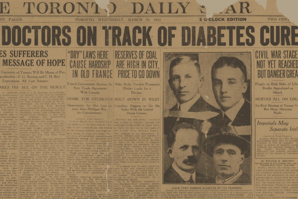 Image of a newspaper announcing one of the greatest historical medical breakthroughs, the use of insulin for diabetes treatment.