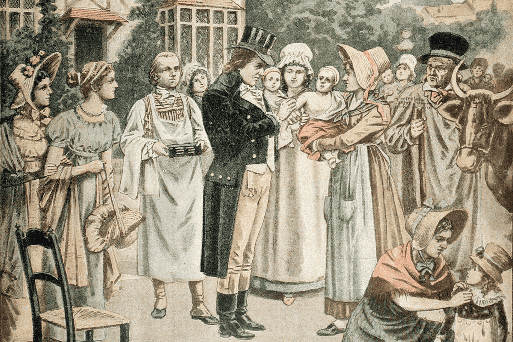 Image of a painting of Dr. Edward Jenner administering another of the great historical medical breakthroughs, the smallpox vaccine