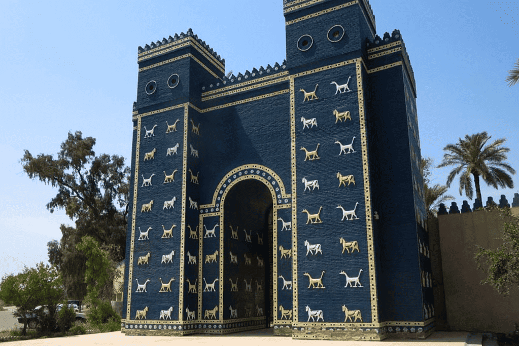 Image of the Ishtar Gate, located in present-day Hilla, Iraq. This magnificent structure was built as a grand homage to the goddess Inanna, also known as Ishtar, showcasing the rich religious and architectural heritage of ancient Mesopotamia.