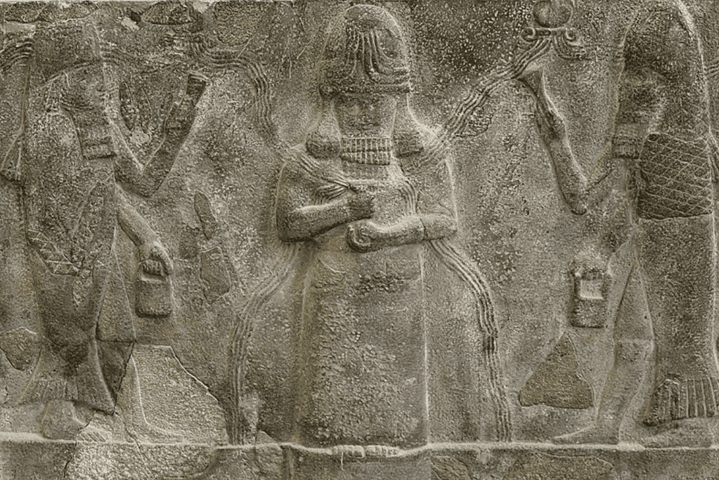 Image of a stone relief from Mesopotamian mythology depicting the god Anu, with symbols of celestial authority.