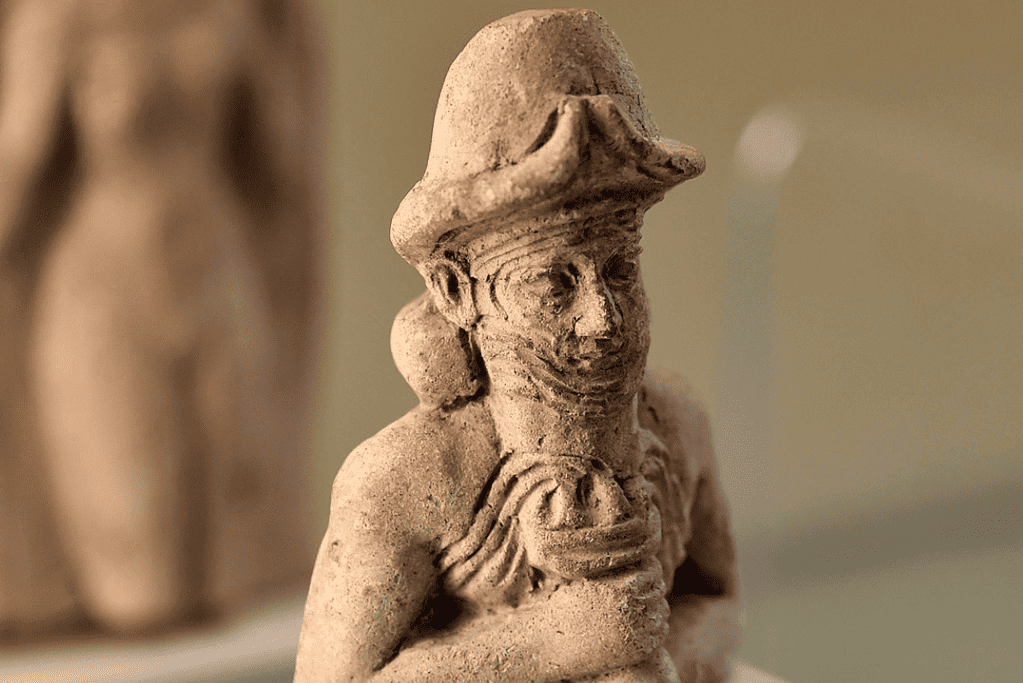 A stone statue of the god Ea holding a ceremonial cup, symbolizing his role as the god of wisdom and fresh waters.