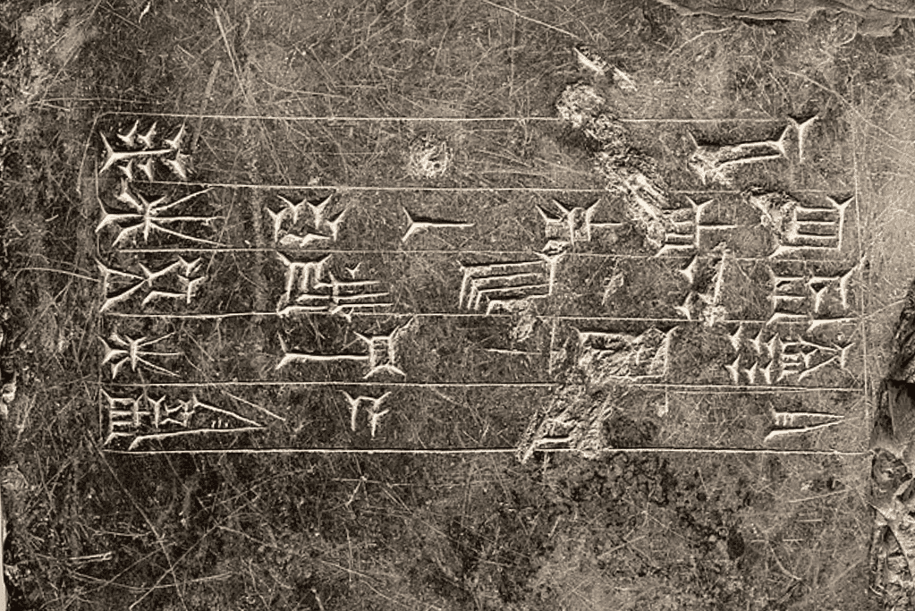 Image of cuneiform writing etched into a stone tablet from the historic Temple of Enlil in Mesopotamia, showcasing the intricate script that recorded the wisdom and beliefs of an ancient civilization.
