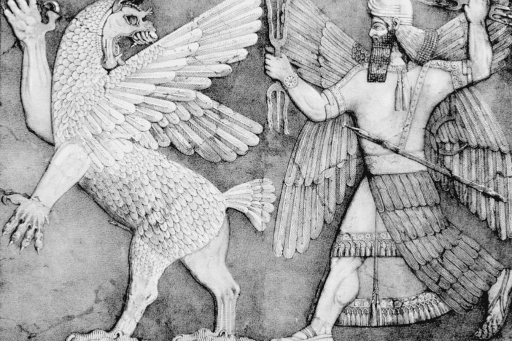 Image of a detailed wall relief portraying the legendary battle between Marduk, a Mesopotamian god, and Tiamat, the primordial goddess of chaos and creation, symbolizing the eternal struggle between order and chaos in Mesopotamian cosmology.