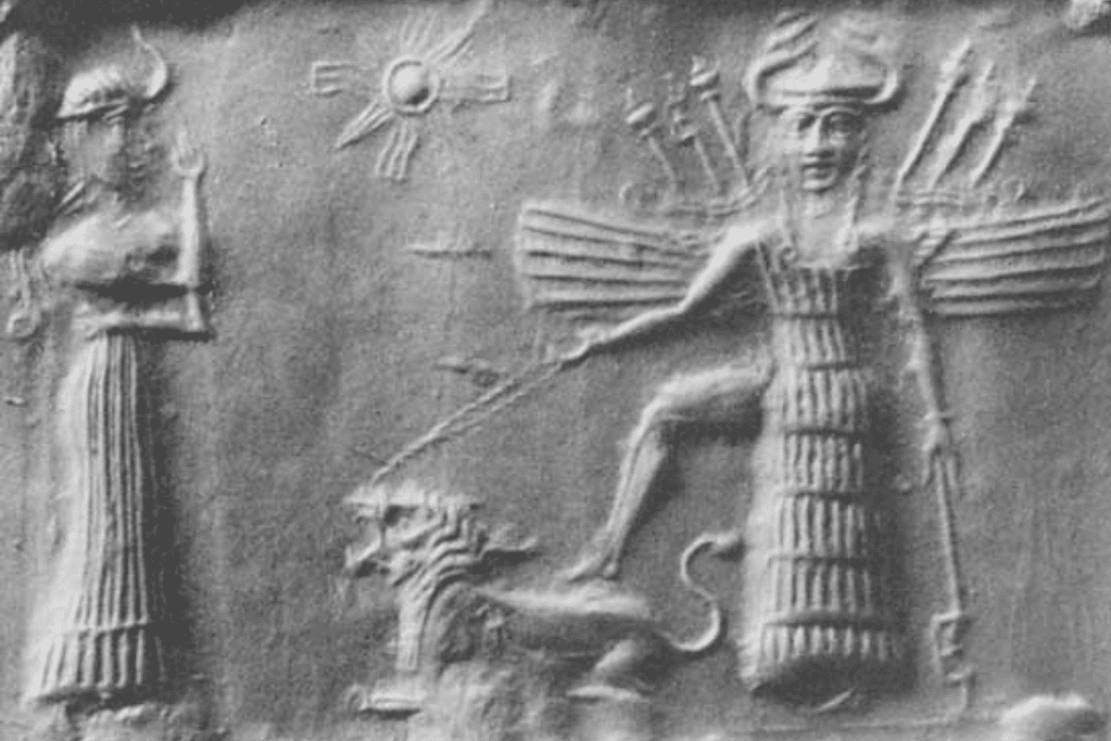 Image of a stone relief that depicts the goddess Inanna, adorned with symbolic regalia, representing her dual aspects of love and war in ancient Mesopotamian mythology.