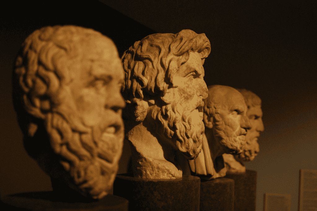 Busts of several ancient Greek philosophers Image of the stone busts of four ancient Greek philosophers