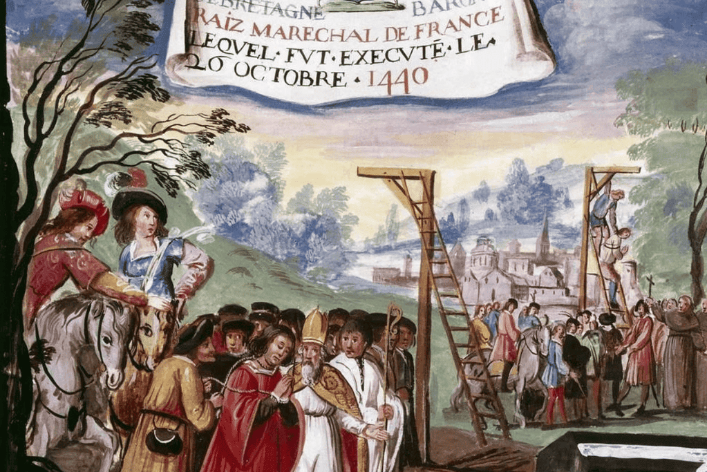 Image of an illustration depicting the execution of Gilles de Rais amidst a gathered crowd, with medieval buildings in the background and dark, ominous clouds overhead.