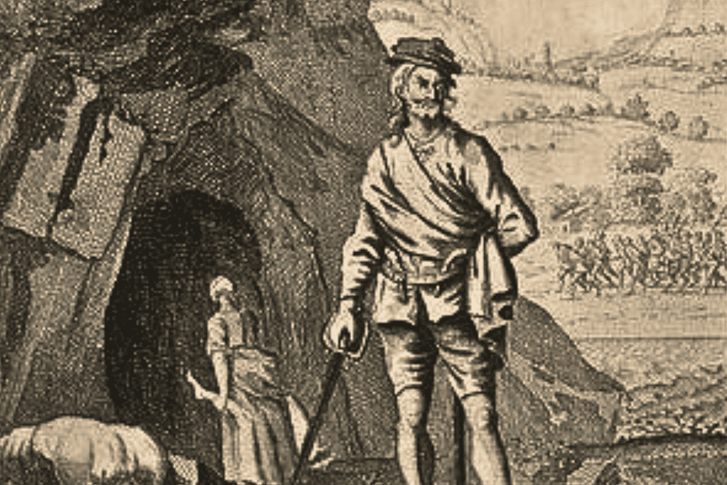 Image of a drawing of scary historical figure Sawney Bean, displaying rugged features and a malevolent gaze, while his wife, a sinister figure herself, works in the backdrop.