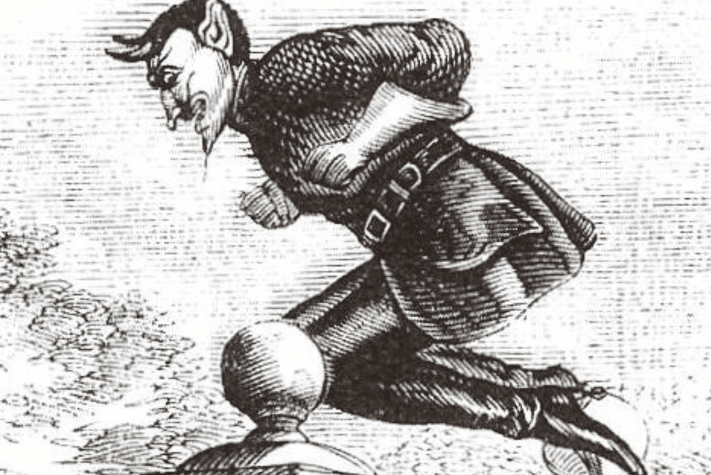 Image of an illustration of the scary historical figure, the agile Spring-heeled Jack, with fiery eyes and devilish grin, vaulting effortlessly over a fence.