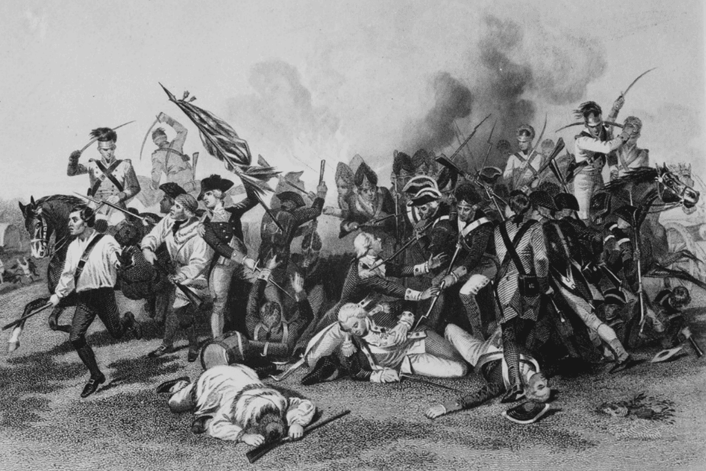 Image of an artist's depiction of the challenging moment for the Continental army as they face a disheartening loss at the Battle of Camden.