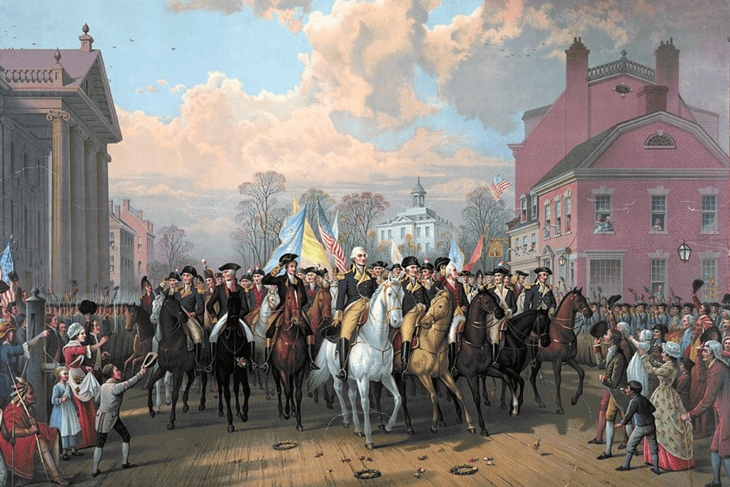 Image of an artistic representation of General Washington leading a triumphant procession in New York during Evacuation Day, marking a momentous close to the significant battles of the American Revolution.
