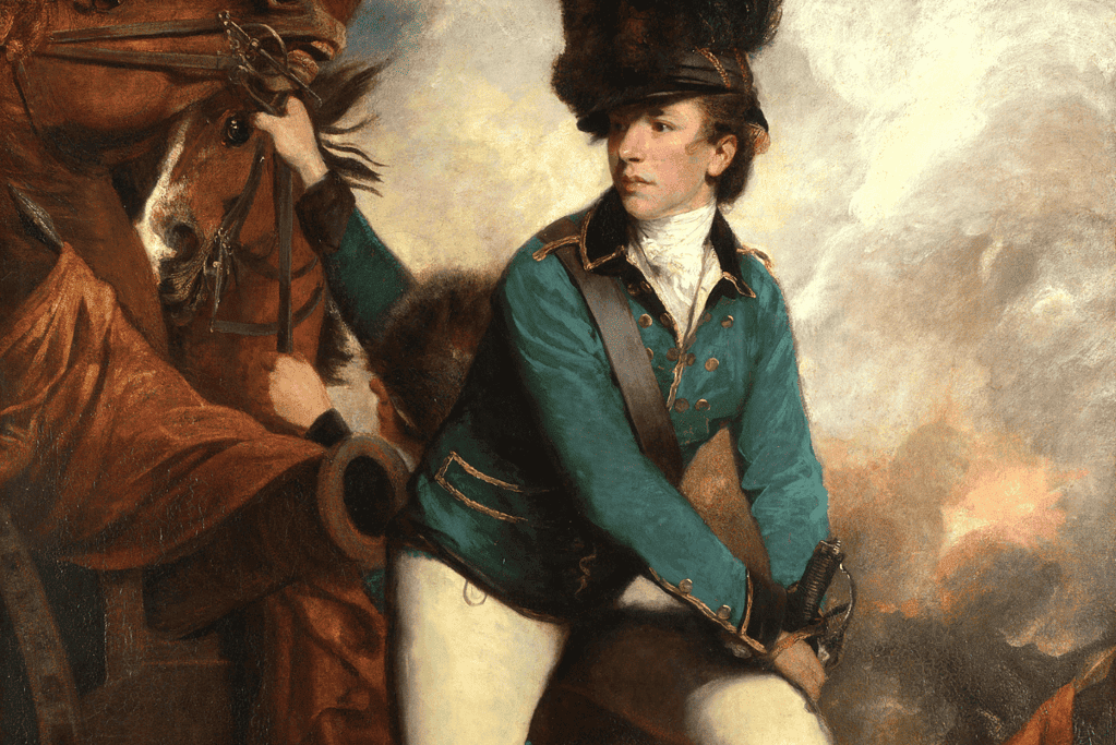 Image of a dynamic portrayal of General Banastre Tarleton at the forefront, commanding the British Legion amidst the smoke and chaos of combat.