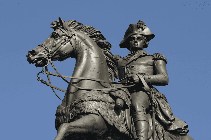 Image of a bronze statue depicting General George Washington mounted on a horse, symbolizing his pivotal role in the significant battles of the American Revolution.