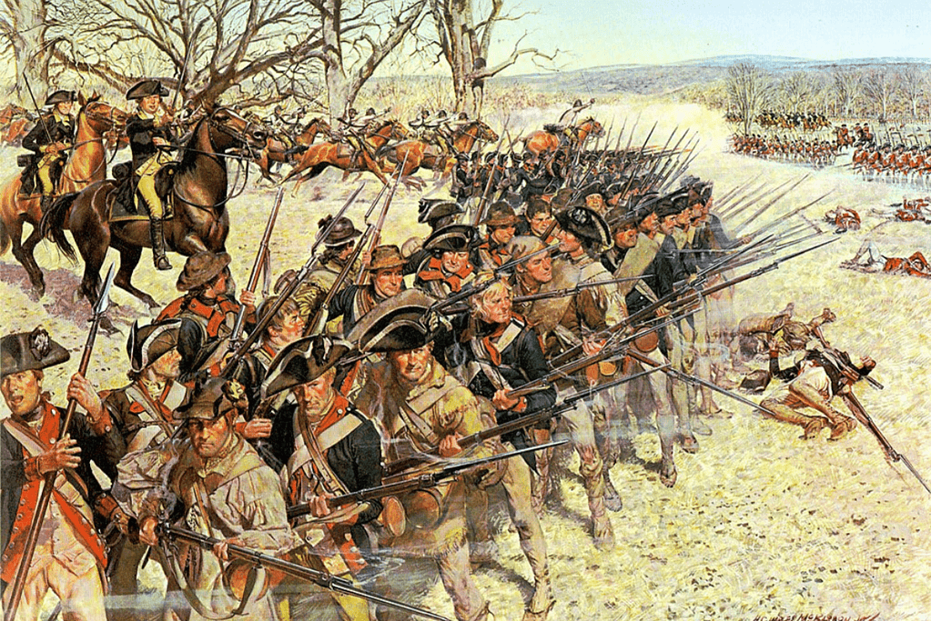 Image of an Artistic portrayal of a diverse group of militia and Continental Army soldiers, poised with bayonets, awaiting the British onslaught during the pivotal Battle of Guilford Courthouse.