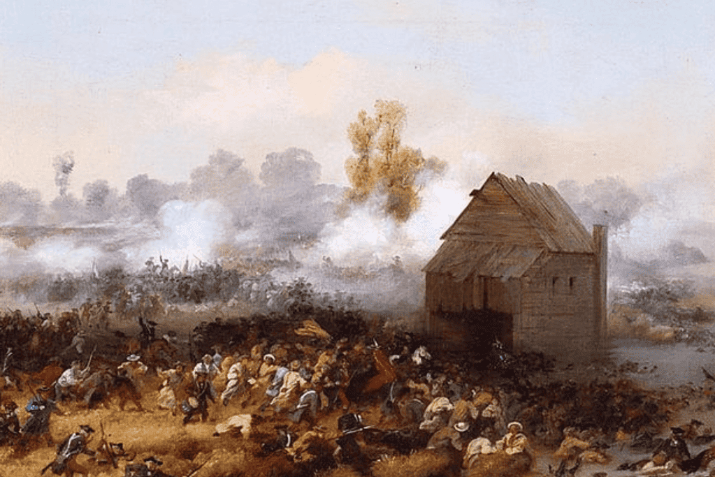 Image of an artistic representation of the Battle of Long Island, showcasing troops in combat that marked this crucial event in the American Revolution.