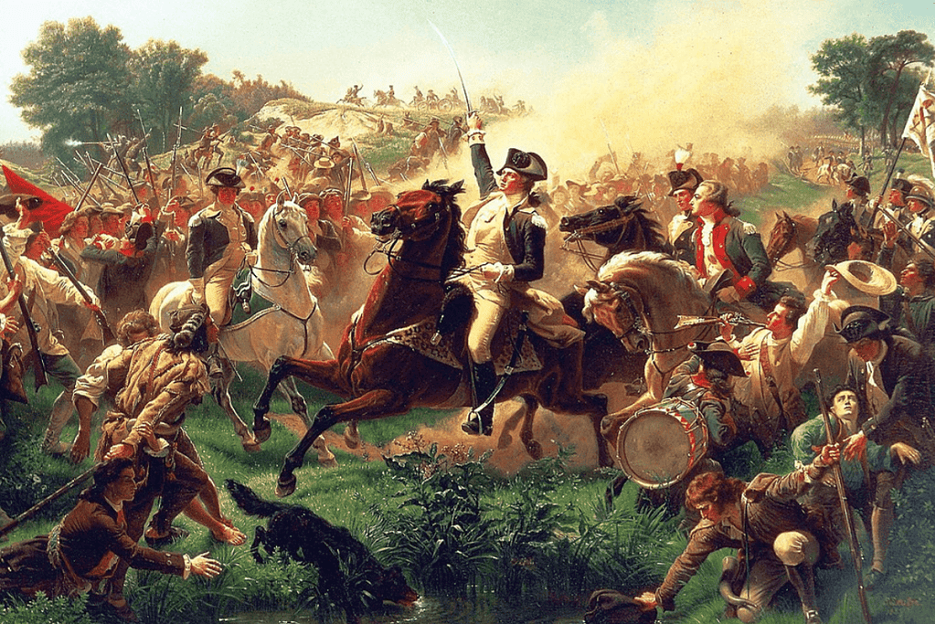 Image of an artistic portrayal of General George Washington standing resolute, motivating the Continental forces during the intense Battle of Monmouth.