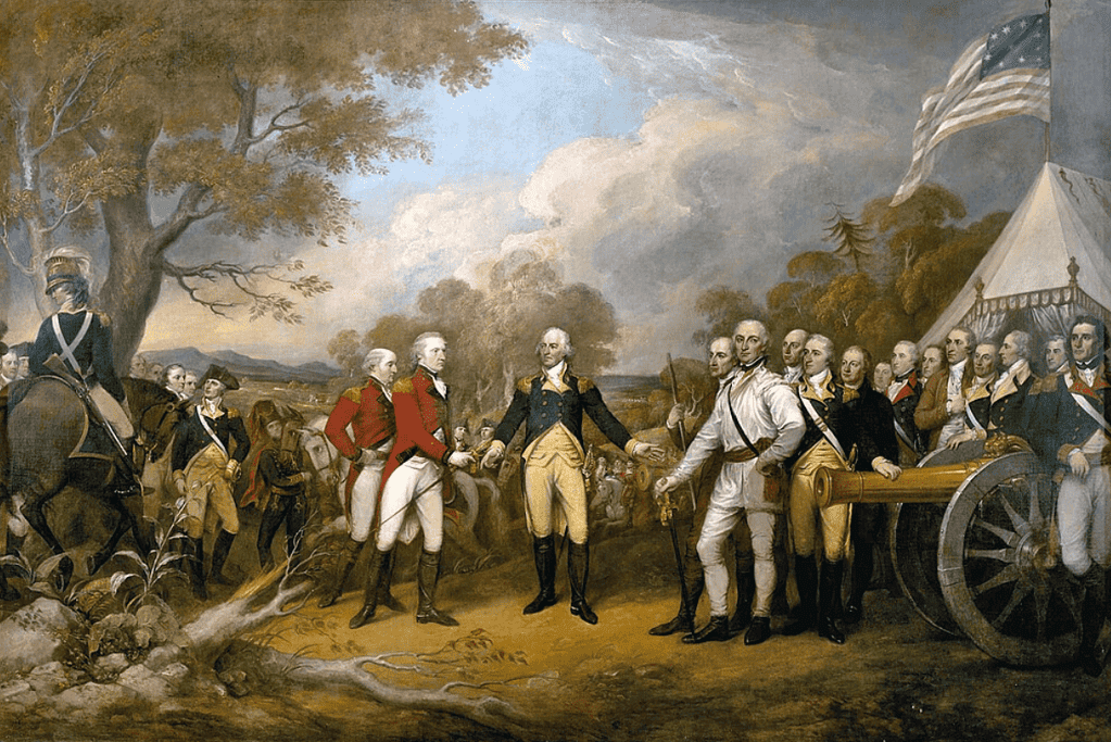 Image of a depiction of the pivotal moment when British General John Burgoyne handed over his sword to General Horatio Gates, symbolizing a major shift in the American Revolution.