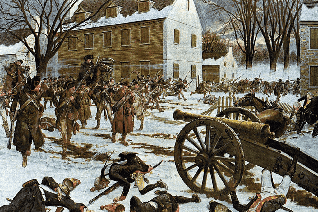 Image of a colorful depiction of the American Revolution's Battle of Trenton, where Continental troops made a decisive advance, overwhelming the British lines.