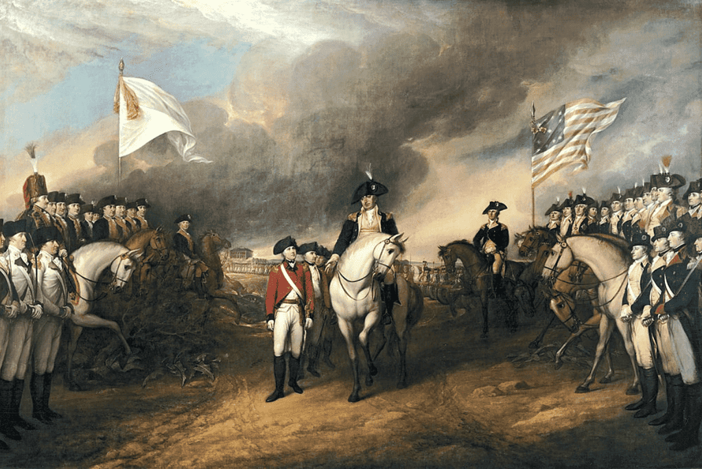 Image of an artist's depiction of General Cornwallis handing over his sword, symbolizing the British surrender after the intense Siege of Yorktown.