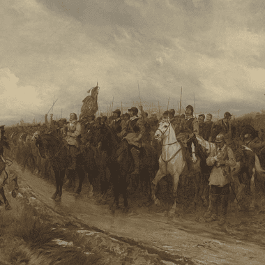Image of a painting featuring Oliver Cromwell prior to one of the great battles of the Enlish Civil War