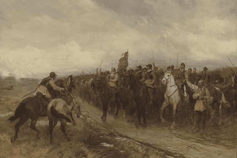 Image of a painting featuring Oliver Cromwell prior to one of the great battles of the Enlish Civil War