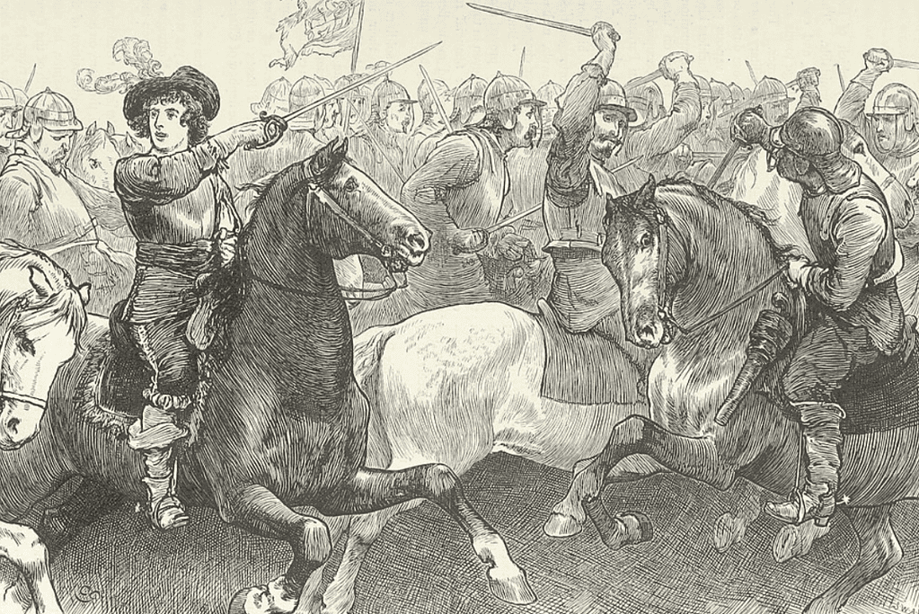 Image of an artist's depiction of the Battle of Edgehill, one of the first battles of the English Civil War