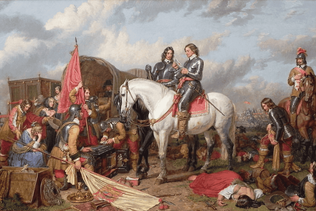 Image of a painting of Oliver Cromwell on horseback at the Battle of Naseby