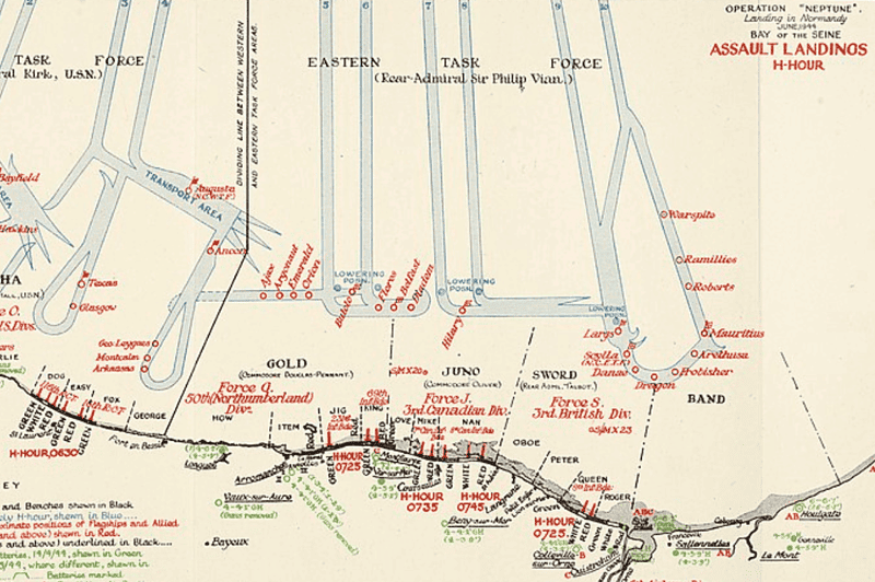 Image of the invasion map of the beaches at D-day for an article covering 10 interesting facts about D-day
