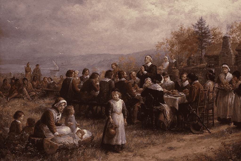 Image of an artist's rendition of the first Thanksgiving at Plymouth Rock