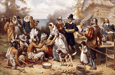 Image of an early Thanksgiving dinner in North America.