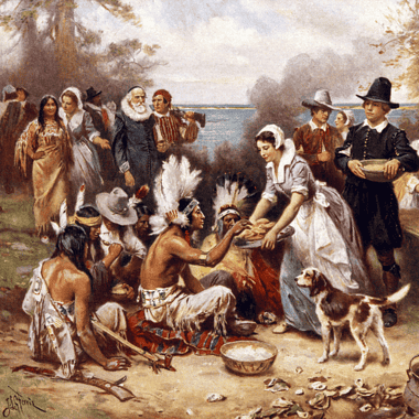 Image of an early Thanksgiving dinner in North America.