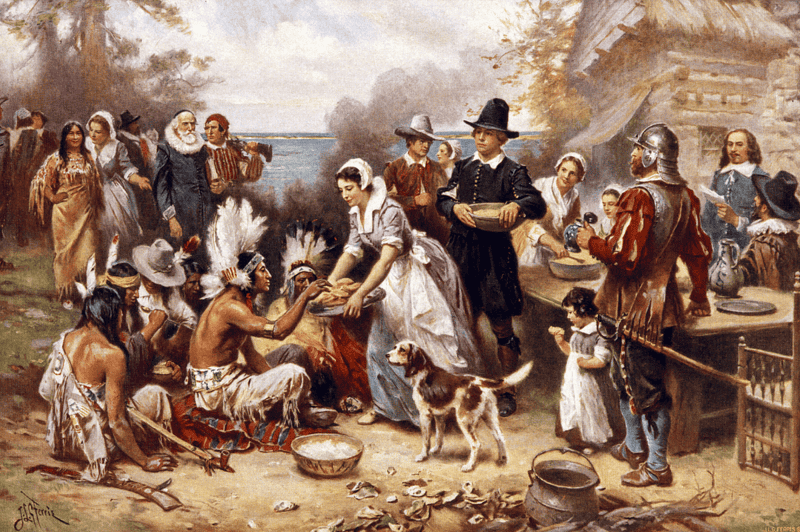 Image of an early Thanksgiving dinner in North America.