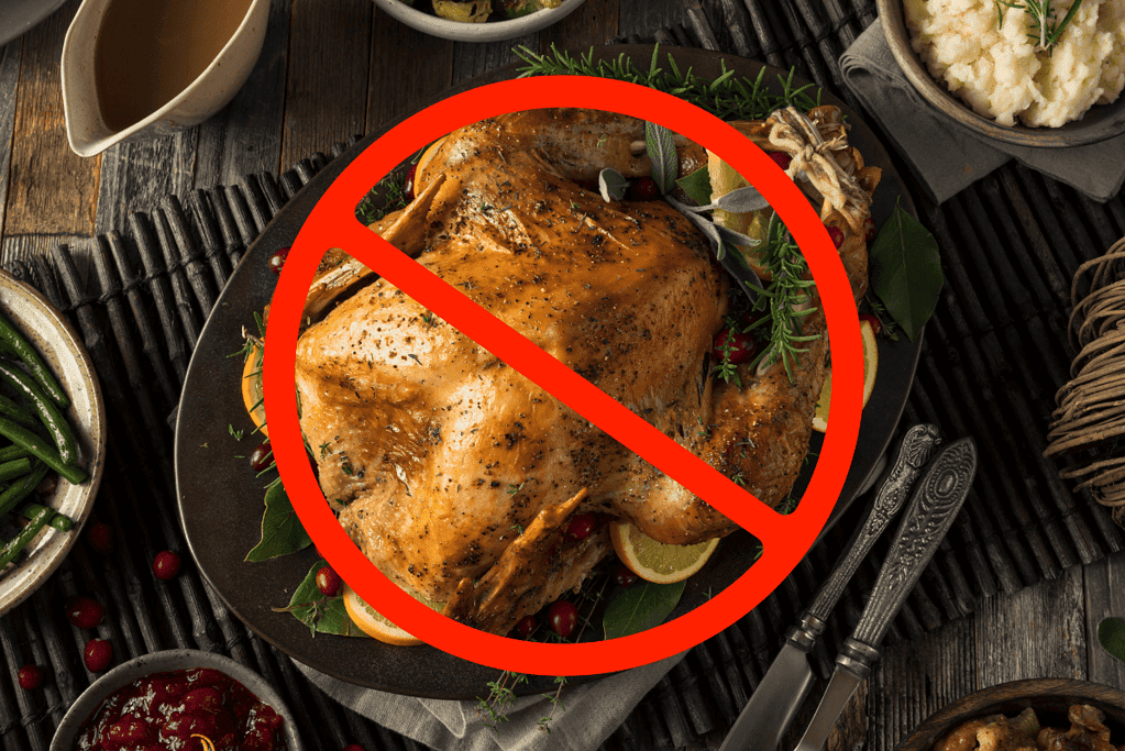 Image of a turkey crossed out to symbolize that turkey was not on the menu at the first Thanksgiving for an article on fun facts about Thanksgiving