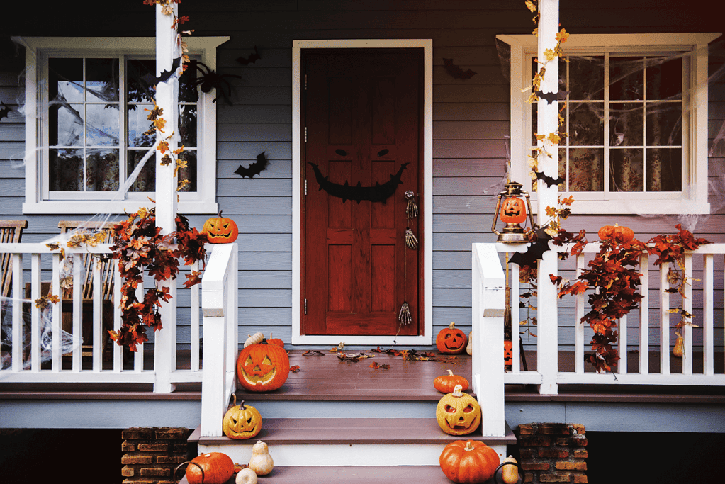 Image of a home decorated for Halloween, representing today in the Halloween history timeline