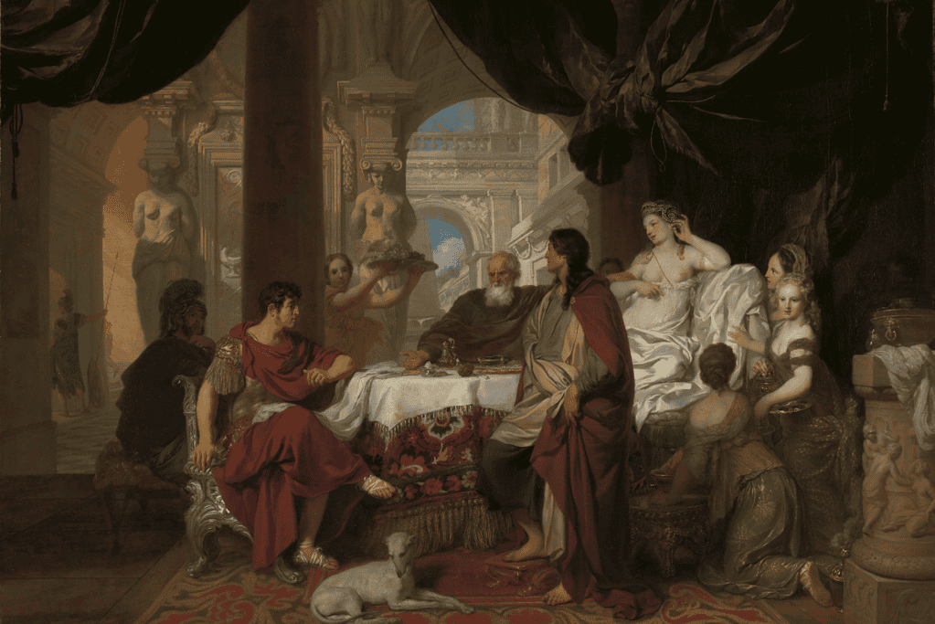 Image of Marc Antony and Cleopatra dine with their courtiers in attendance for a blog post covering historical love stories.