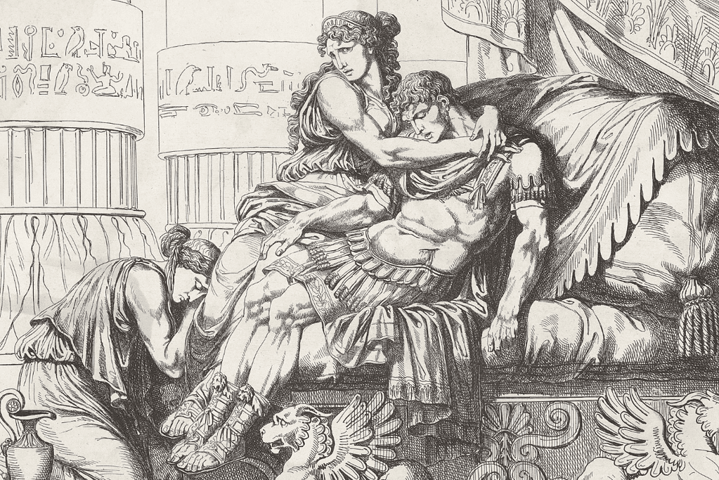 Cleopatra mourns the death of Marc Antony following the Battle of Actium for a blog post covering historical love stories