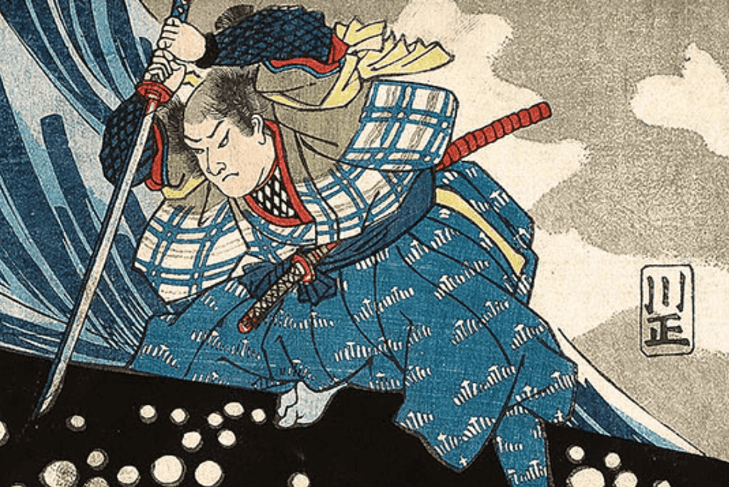 Image of iconic samurai Miyamoto Musashi battling a whale.