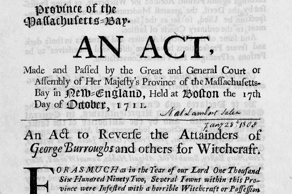 Historic document overturning verdicts of Salem witch trials, a pivotal moment in colonial American history.