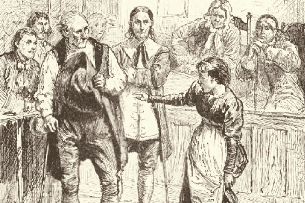 Image of Giles Corey during a witchcraft trial, a historical moment from the Salem witch trials, illustrating the complexity and gravity of the accusations.
