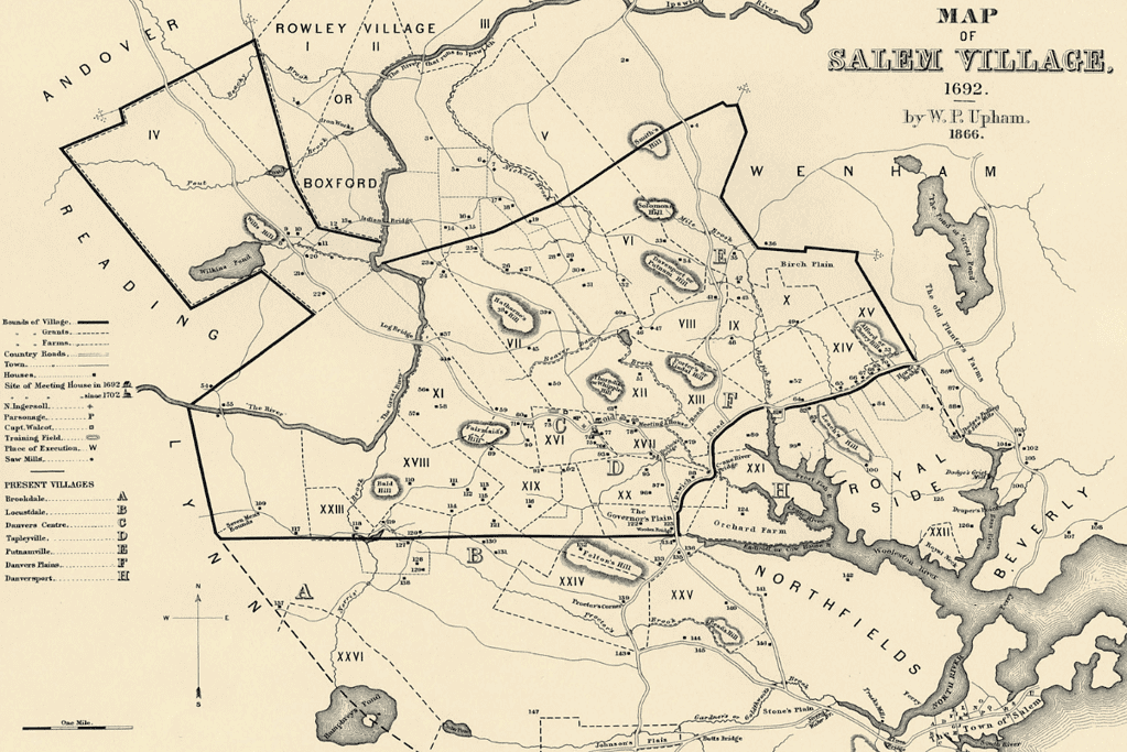 Image of a 1692 map of Salem, Massachusetts, the home of the Salem witch trials victims.