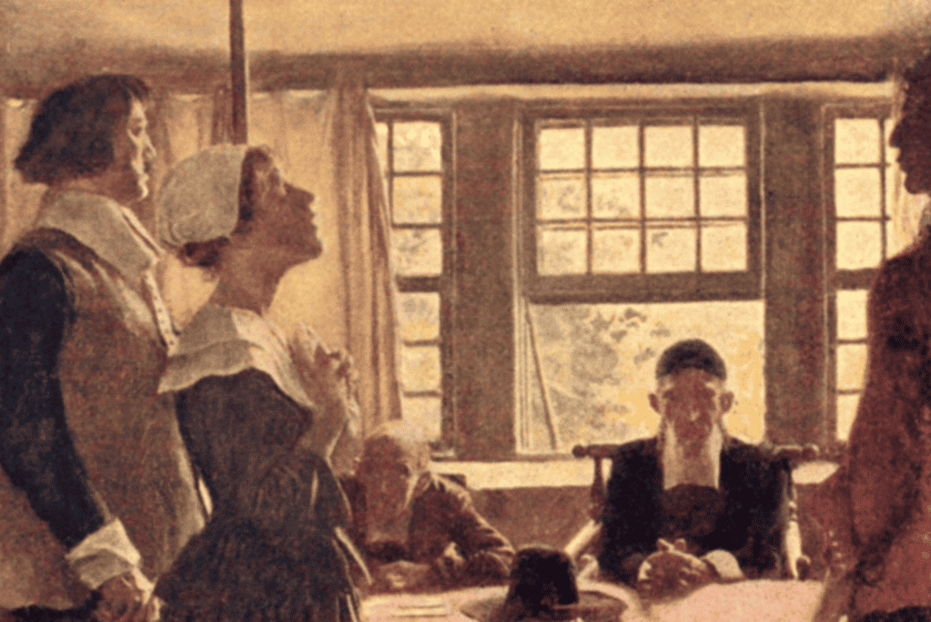 Image of one of the many Salem witch Trials victims in court