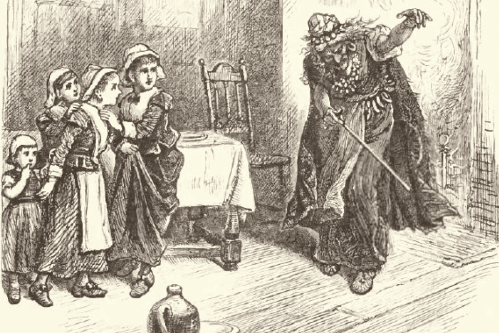Image of Tituba, one of the accused during the Salem witch trials, engaging in activities with young children, offering a glimpse into daily life during a challenging period in history.