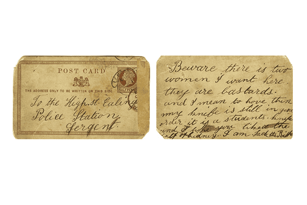Image of a postcard sent by one of the most notorious serial killers in history, Jack the Ripper, to the London police