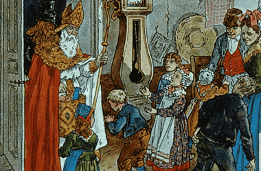 Image of an artist's rendition of Saint Nicholas visiting a family in Alsace for a blog post covering 10 interesting facts about Saint Nicholas.
