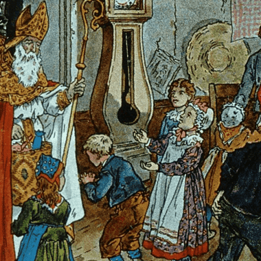 Image of an artist's rendition of Saint Nicholas visiting a family in Alsace for a blog post covering 10 interesting facts about Saint Nicholas.