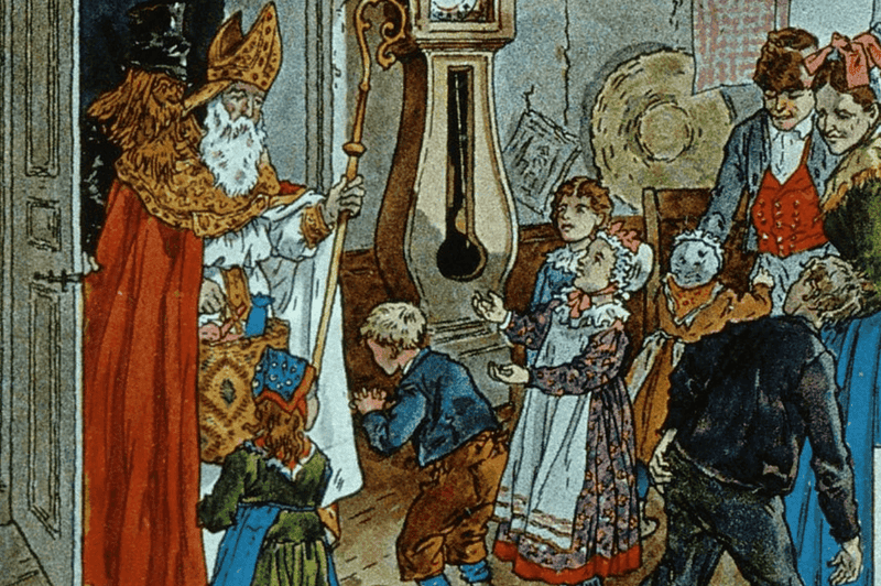 Image of an artist's rendition of Saint Nicholas visiting a family in Alsace for a blog post covering 10 interesting facts about Saint Nicholas.