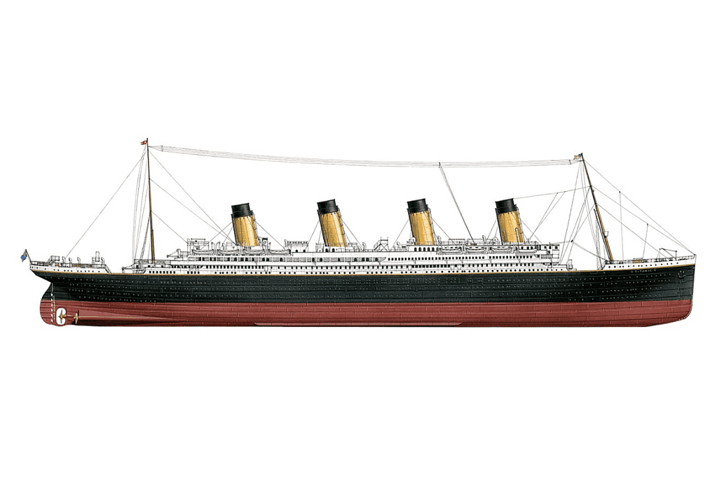 Image of a drawing of the Titanic from the starboard side for a blog post covering 25 interesting facts about the Titanic sinking.