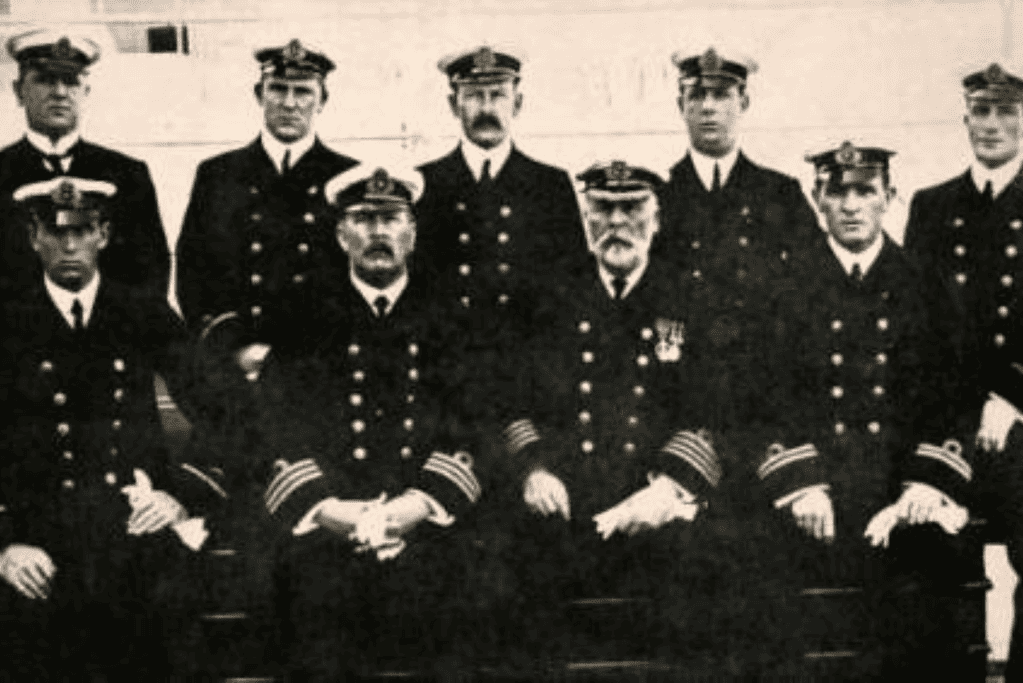 Image of a photo of the Titanic's captain and officers, captured in a pre-voyage moment of optimism, unaware of the impending disaster that would unfold.